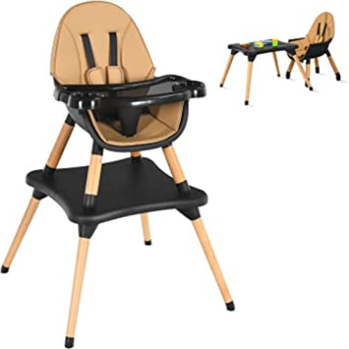 HONEY JOY Baby High Chair, 5-in-1 Convertible Wooden Highchair for Babies and Toddlers/Table and Chair Set/Booster Seat with Safety Harness, 4-Position Removable Feeding Tray (Coffee)