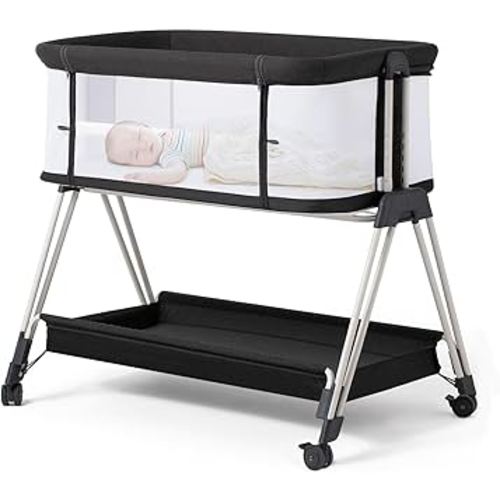 Fodoss Baby Bassinet Bedside Sleeper with Wheels and Storage Tray,4-Sided Mesh Bedside Bassinet for Infant/Newborn,7 Height Adjustable Easy Folding Bedside Crib