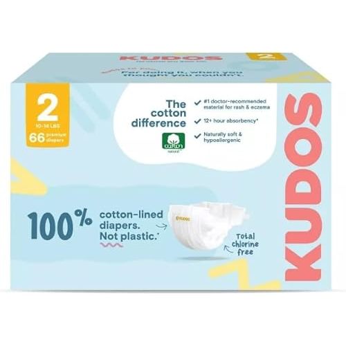 Kudos Chlorine Free Premium Diapers, 100% Cotton-Lined, Size 2, 66 Count, 10-14 lbs