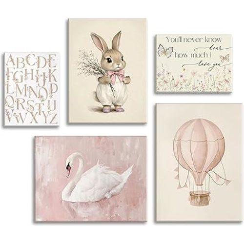 5Pcs Vintage Pink Nursery Canvas Wall Art Girl Baby Inspirational Paintings Cute Animal Rabbit Swan Flowers Wall Decor Kids Hot Air Balloon Floral Posters Print for Children Bedroom 8x10inch Framed