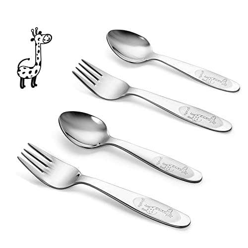 FUNNUO 4 Piece Toddler Utensils, Stainless Steel Toddler Forks and Spoons, Safe Kid Silverware Set for Self Feeding, Children Flatware Sets with Mirror Polished,Dishwasher Safe