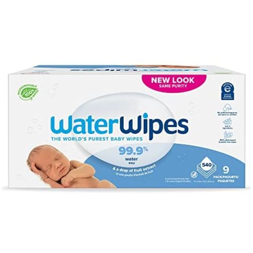 WaterWipes Biodegradable Original Baby Wipes, 99.9% Water Based Wipes, Unscented & Hypoallergenic for Sensitive Skin, 540 Count (9 packs), Packaging May Vary