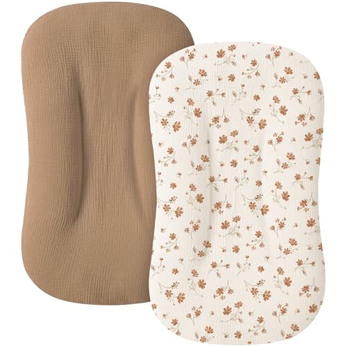 MairMore Muslin Baby Lounger Cover for Newborn & Infant, 100% Cotton Soft and Breathable Lounger Slipcover for Baby Girls and Boys, Pack of 2 (Rustic Floral)