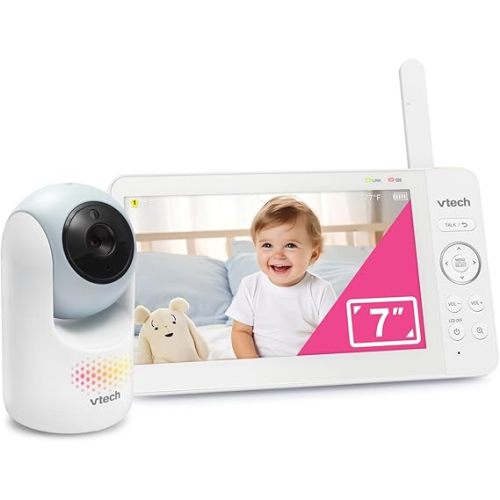VTech Baby Monitor No WiFi with 7" IPS Screen & Remote Pan Tilt Zoom – 5000mAh 12Hr Video Battery, 1000ft Range, Night Vision, Multi-Color Night Light, Two-Way Talk | Advanced HQ Max