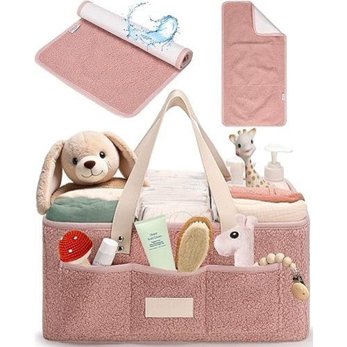 Baby Diaper Caddy Organizer with Portable Changing Mat - Teddy Fleece Diaper Organizer for Changing Table - Baby Basket for Diaper Changing Essentials - Baby Caddy Organizer with Removable Dividers
