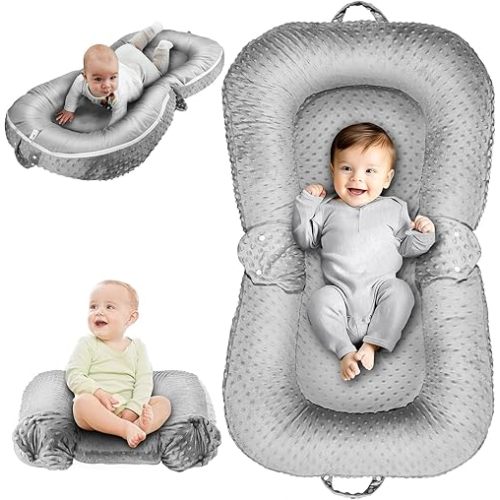 Baby Lounger Pillow : 3-in-1 Infant Lounger for Newborn 0-24 Months, Portable Tummy Time Mat for Home and Travel, Breathable & Soft Baby Seat for Baby, Babies Essentials Gifts, Grey