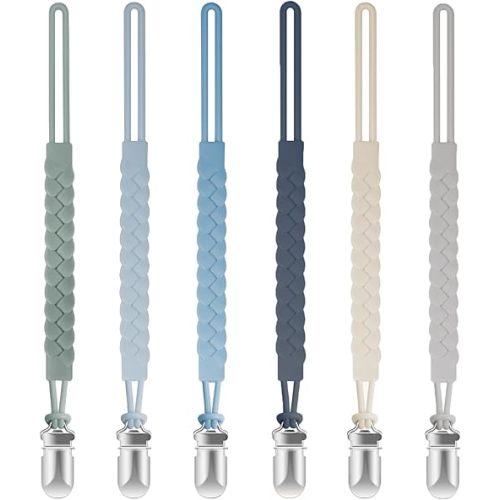 TenderBabe Silicone Pacifier Clip for Baby Boys and Girls, Pack of 6 Soft Flexible Paci Binky Clips with One-Piece Braided-Style Design,BPA-Free Newborn Essentials