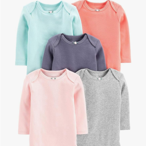 Simple Joys by Carter's Baby Girls' Long-Sleeve Bodysuit, Pack of 5 in 3-6 months Grey/Mint Green/Navy/Peach/Pink