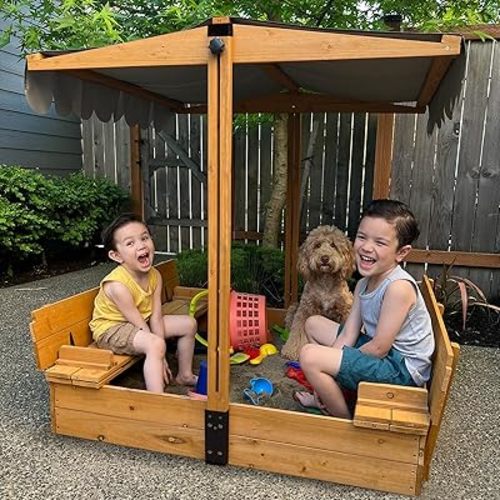 GUTINNEEN Sandbox with Lid and Cover for Kids Outdoor with 2 Foldable Bench Seats, Adjustable Canopy and Sand Protection Liner, 47.2" L x 47.2" W x 51.9" H