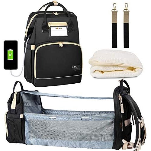 Happy Luoka Diaper Backpack with Charging Port, Insulated Bottle Warmer Baby Bag for Baby Shower Gifts, 3 in 1 Diaper Bag with Changing Station for Essential Items (Upgrade Materials Black) - C-black (Bag+bed+usb+sunshade)