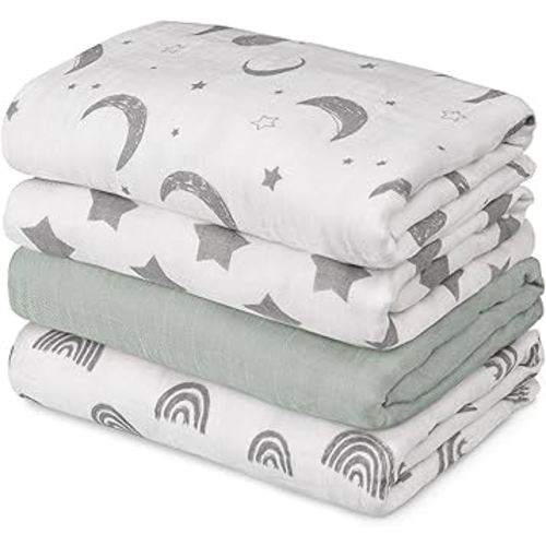 GLLQUEN BABY Muslin Swaddle Blankets 4-Pack Breathable Receiving Blankets (35" x 40") Soft Baby Blankets for Girls and Boys Newborn Essentials Muslin Burp Cloths Swaddle Wrap Baby Gift (Star)