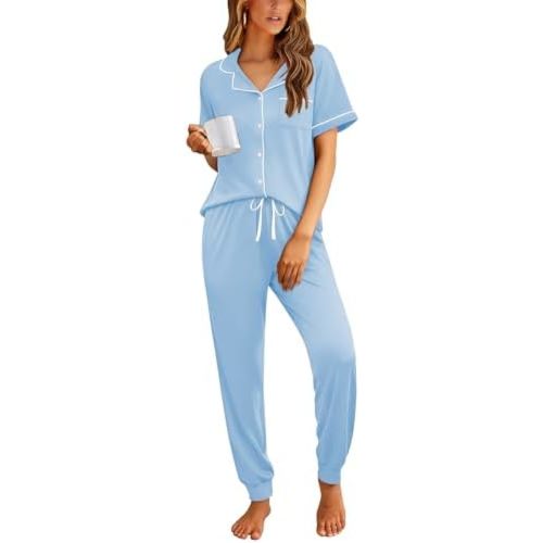 Ekouaer Women Pajama Set Short Sleeve Button Down Pjs Soft Comfy Sleepwear Nightwear with Jogger Pants