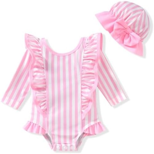 HINTINA Baby Girl One Piece Long Sleeve Ruffle Swimsuit with Hat