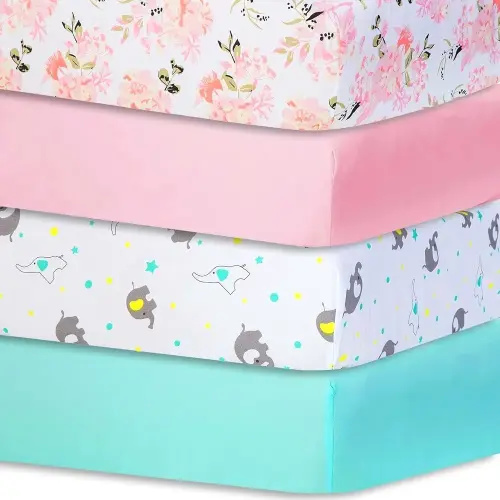 Bimocosy Crib Sheets 4pk, Size 28"x 52" for Standard Crib and Toddler Mattresses, Breathable Microfiber Crib Mattress Sheet, Floral/Ele/Pink/Green