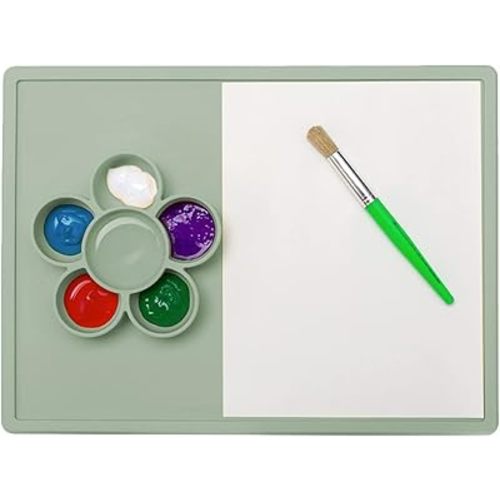 ezpz Play Mat for Baby + Toddler - 6 Months+ (Sage) - Suction Plate with Flower Compartments for Crafts, Painting, Sorting, Snack Time - Fits Standard Piece of Paper
