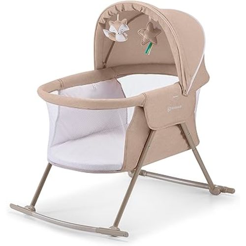 Kinderkraft LOVI Travel Bassinet for Baby, Portable Folding Baby Bed with Built-in Mosquito net, Adjustable Hood and an Additional Cradle Function. Beige