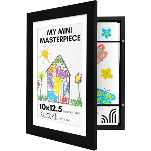 Americanflat 10x12.5 Kids Art Frame - Front Loading Picture Frame - Use as 8.5x11 Frame with Mat or 10x12.5 Frame Without Mat - My Mini Masterpiece - Holds 100 Artworks - Black