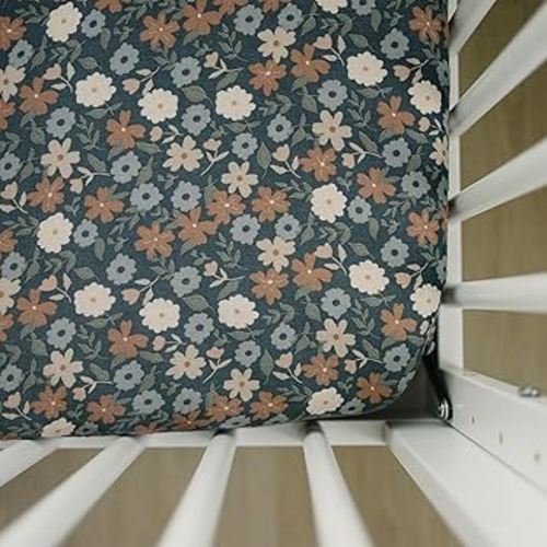 Midnight Floral Muslin Crib Sheet by Mebie Baby, Soft and Breathable Bed Sheets for Babies, Modern Neutral Bedding for Cribs, Standard Crib Mattress Fitted Sheet, Great for Boy or Girl Room or Nursery