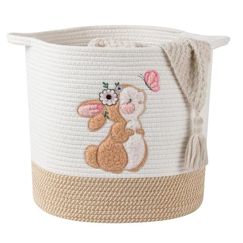 Large Blanket Baskets for Living Room, Teddy Bear Baskets Toy Storage Basket Woven Cotton Rope Basket for Kids, Toys Organizer Clothes Hamper with Embroidery, Teddy Bear Nursery Decor ( Large )