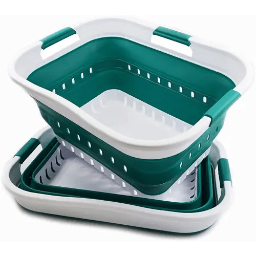 SAMMART Set of 2-30L (8 gallon) Collapsible Plastic Laundry Basket - Foldable Pop Up Storage Container/Organizer - Space Saving Hamper/Basket (2, White/Dark Green)