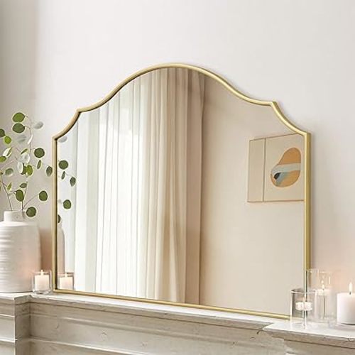 Besdomus Gold Scalloped Arched Mirror: 35"x26" Large Modern Mantle Mirror - Minimalist Dresser Wall Mirrors for Vanity/Bedroom/Fireplace/Living Room/Entryway/Home Decor