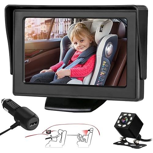 Baby Car Mirror, Baby Car Camera Monitor with 4.3'' HD Night Vision Display and The Car Seat Camera for Baby Rear Facing with Wide Clear View to Easily Observe The Baby's Move While Driving