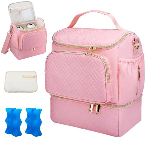 Wearable Breast Pump Bag with Cooler Compartment Compatible with Willow/Elvie/Medela/Momcozy M5/S12 Pro, Breast Milk Cooler Travel Bag with Ice Pack & Mat, Pumping Bag for Work, Pink