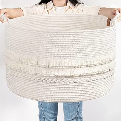TIMEYARD Blanket Basket, 21.7'' x 13.8'' Extra Large Basket for Storage, Boho Decorative Basket for Living Room, Toy Basket for Kids, Laundry Basket for Dirty Clothes Pillows Towel, 90L White