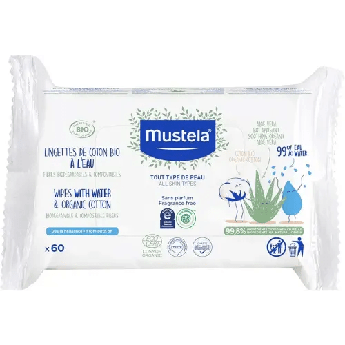 Mustela Baby Water Wipes with Organic Cotton & Aloe Vera - For Face & Body - Fragrance Free - Made with Compostable, Plastic Free & Biodegradable Fibers - NEA Approved & EWG Verified - 60 ct.