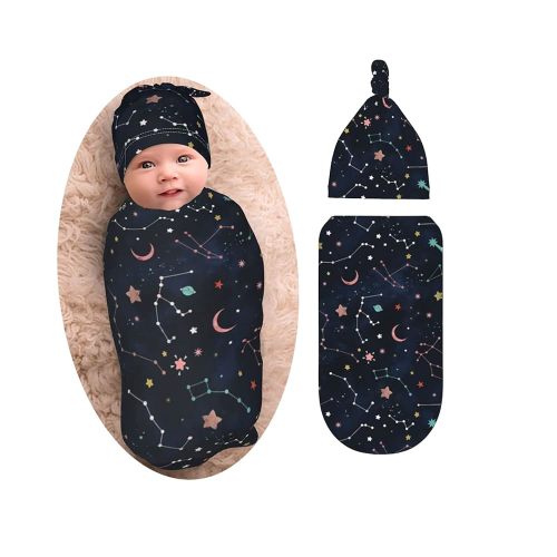 Space Galaxy Constellation Swaddle With Beanie Set, Soft And Stretchy Space Baby Stuff Blanket Swaddle Sleep Sack For Newborn Boy And Girl