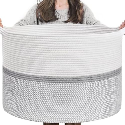 CHICVITA XXL Extra Large Cotton Rope Woven Basket, Throw Blanket Storage Basket with Handles, Decorative Clothes Hamper,22" x 22" x 14"
