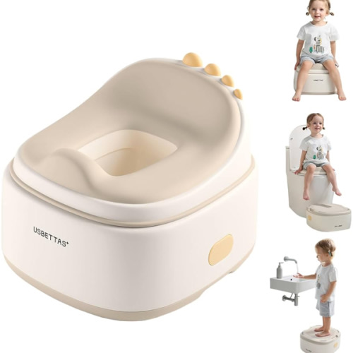 3 in 1 Potty Training Toilet, Dinosaur Toddler Potty Training Seat for Boys Girls with Comfortable Cushion, Easy-to-Clean and Anti-Slip Potty Training Step Stool for Toilet (Beige)