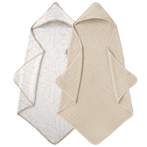 LILY O LAUREL Muslin Hooded Baby Towels for Newborns, 32"x32", 100% Cotton – 6 Layers Super Soft Absorbent Breathable, Baby Bath Towel, Toddler Bath Towel – Pack of 2