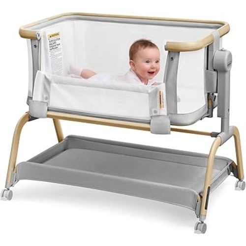 Tinyiota 3 in 1 Baby Bassinet,Rocking Bedside Crib Sleeper for Newborns,Adjustable Height Bassinet with Mattress and Soft,Breathable Sheet,Full-Mesh Sides,Stable&Cozy Crib for Babies