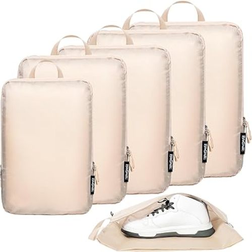 BAGAIL 4 Set/6 Set Ultralight Compression Packing Cubes Packing Organizer for Travel Accessories Luggage Suitcase Backpack(70D 6Set Beige)