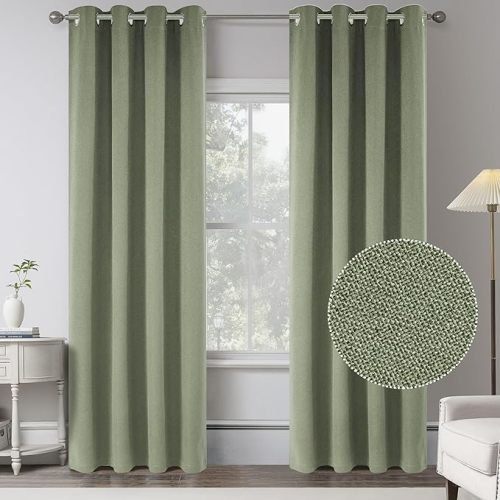 Sage Green 100% Balckout Linen Curtains for Bedroom -2 Panels 84 Inch Length Full Light Blocking Thermal Insulated Solid Grommet Window Curtain Drapes for Living Room,W 52 x L84 Inches Long