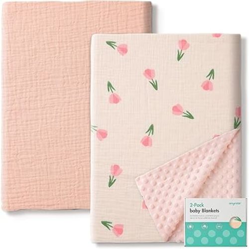 2-Pack Baby Blankets with Muslin Cotton and Minky Dots for Toddler Girls - Super Soft Baby Minky Blanket, Pink Floral Printed Blanket for Newborn, Cozy and Lightweight