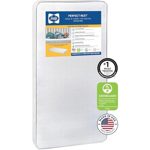 Sealy Baby Perfect Rest Waterproof Crib Mattress plus Toddler Bed Fit, Premium 150 Extra Firm Coils, Non Toxic, Airy Cushioning, GREENGUARD Gold Certified, Safety & Quality Tested, Made in USA, 52X28"