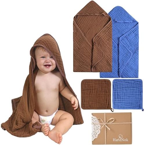 4-Piece Muslin Baby Towel Set - 100% Organic Cotton, (2) 6-Layer 32x32 Towels & (2) Washcloths, Bath, Beach & Pool Gift Set (Coffee & Blue)