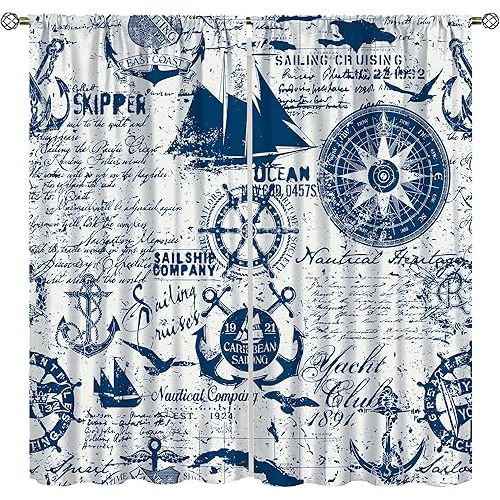 Vintage Sailboat Curtains, Caribbean Sailboat Cruise Nautical Elements Nautical Theme Style, Bedroom Living Room Rod Pocket Curtains, 2 Sets of Panels, 63x72 in. Blue and White