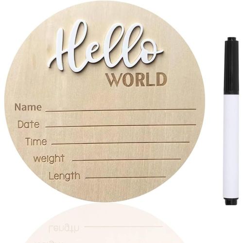 Baby Announcement Sign, ​5.9 Inch Wooden Hello World Newborn Signs, Birth Announcement Sign, Baby Shower Hospital Nursery for Newborn Boys and Girls (White,Pen)