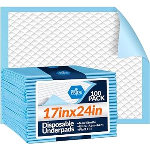Medpride Disposable Underpads 17'' x 24'' (100-Count) Incontinence Pads, Bed Covers, Puppy Training | Thick, Super Absorbent Protection for Kids, Adults, Elderly | Liquid, Urine, Accidents