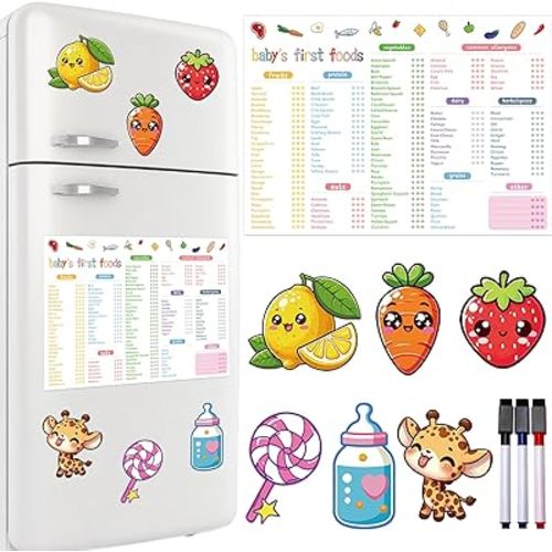 Baby First Food Tracker - 100 Foods Before 1 Checklist Chart Magnet Fridge 3 Markers Led Weaning Book Supplies Magnetic Dry Erase Daily Log Activity Poster for Kitchen Refrigerator Locker