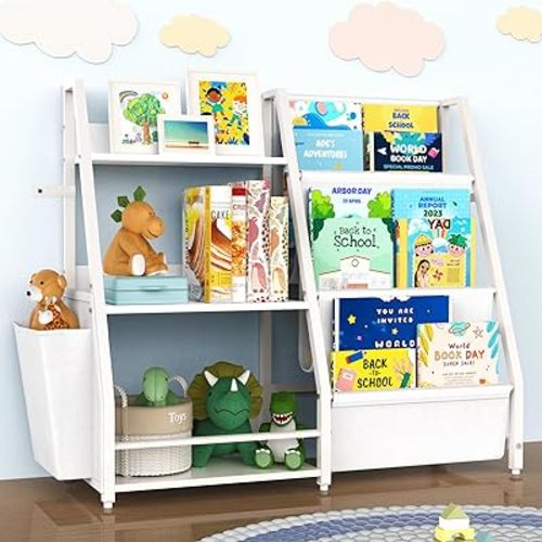 Kids Bookshelf and Toy Organizer, 3 Tier Bookshelf for Kids, Montessori Bookcase Book Shelf for Kids Rooms, Bedroom, Playroom, Nursery, Toy Storage Organizer with Bookshelf