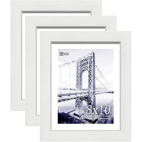 VCK 4x6 Picture Frames Set of 3, White Solid Wood Picture Frame, Textured Exclusive Wall Gallery Frame
