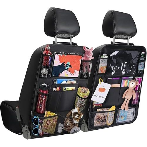 JUSTTOP Black Car Backseat Organizer with Touch Screen Tablet Holder, 9 Storage Pockets Kick Mats Car Seat Back Protectors for Kids Toddlers, Car Travel Accessories, 2 pack