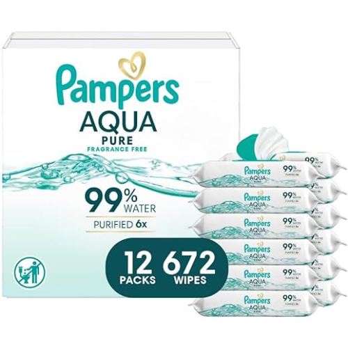 Pampers Baby Wipes Aqua Pure, 99% water-based wipes, Hypoallergenic and Unscented Baby Wipes, 672 Wipes Total (12 Flip-Top Packs)