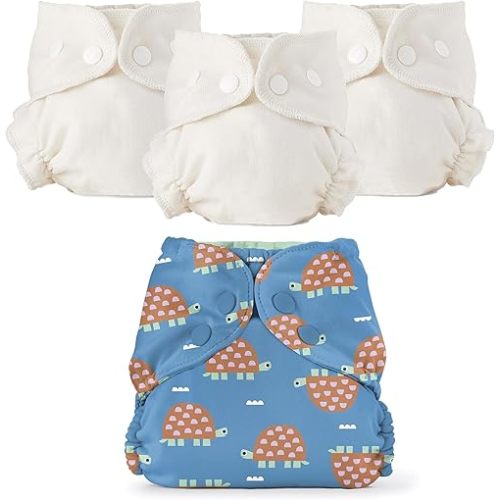 Esembly Cloth Diaper Bundle – 1 Turtles Waterproof Outer and 3 Organic Cotton Inners – Reusable, Washable, Blowout-Proof Diapering System – Size 1 (7–17 lbs)