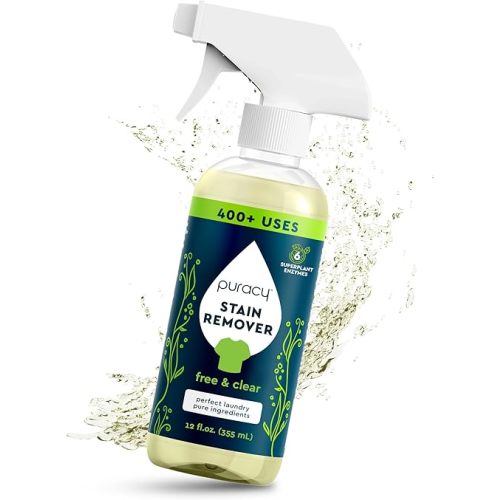 Puracy Stain Remover Spray, Natural Travel and Laundry Stain Cleaner for Clothes, Baby & Kids Stains, Oil & Fabric Spot Cleaner (Free & Clear, 12 oz)