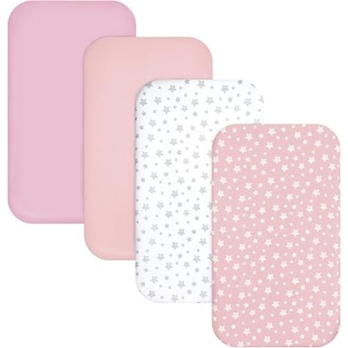 Mini Crib Sheets, 4 Pack Fitted Pack n Play Sheets for Baby Girls/Boys , Stretchy Mini Crib Sheets 39''X27''X 5'' , Soft and Breathable Material, Pink
